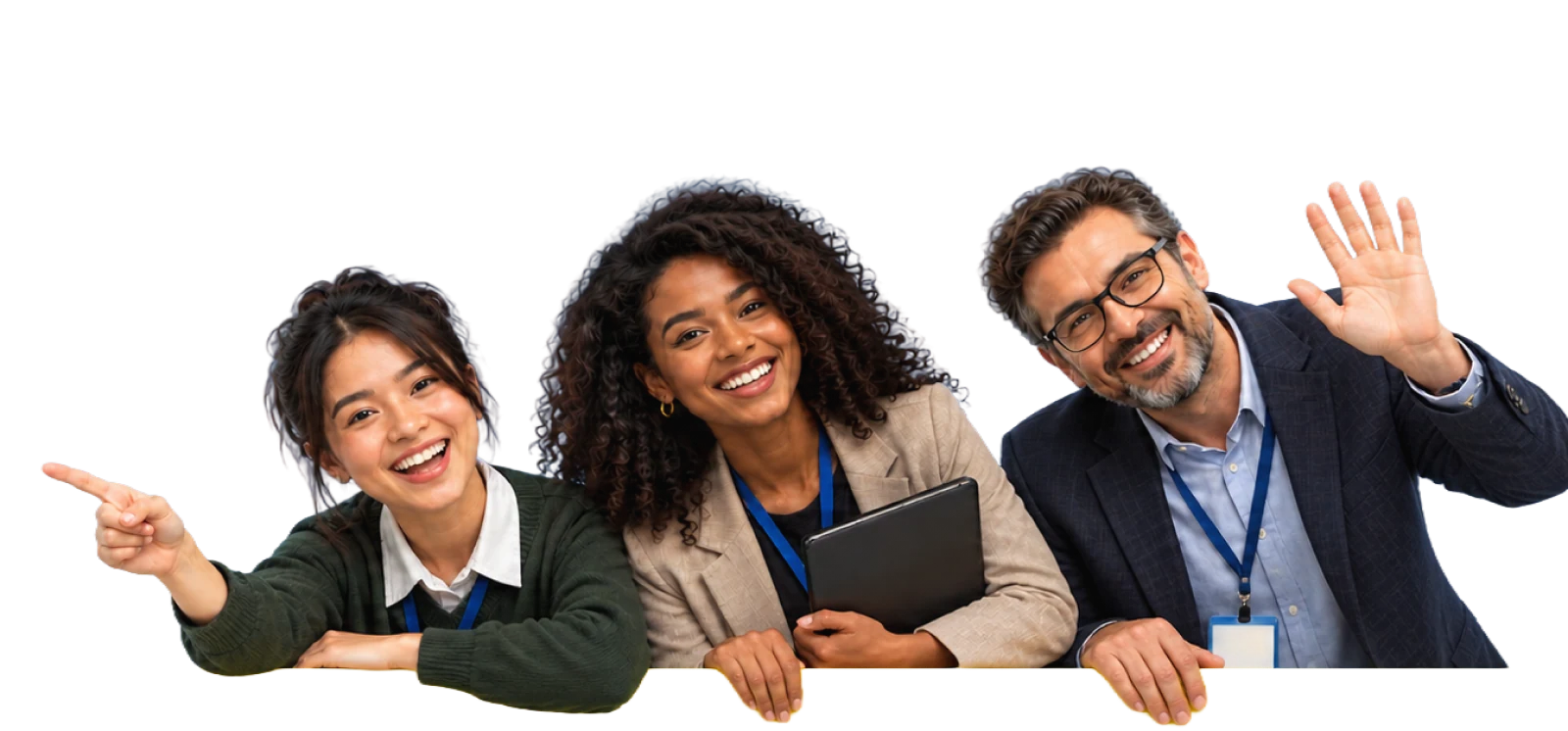 A student, a teacher and a school leader smiling together