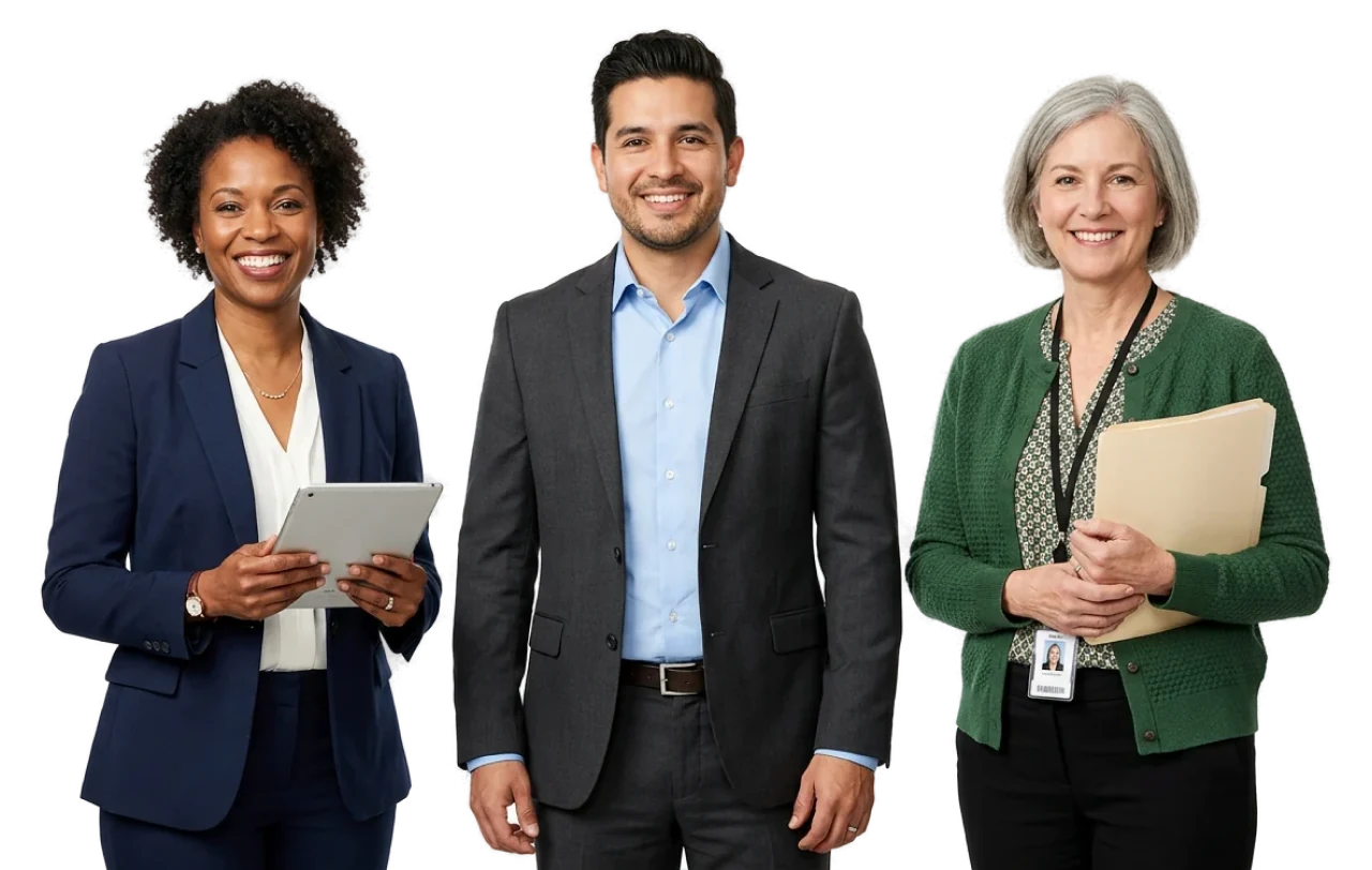 Three smiling professionals: an executive holding a tablet, a manager in a suit and a public servant with an ID badge