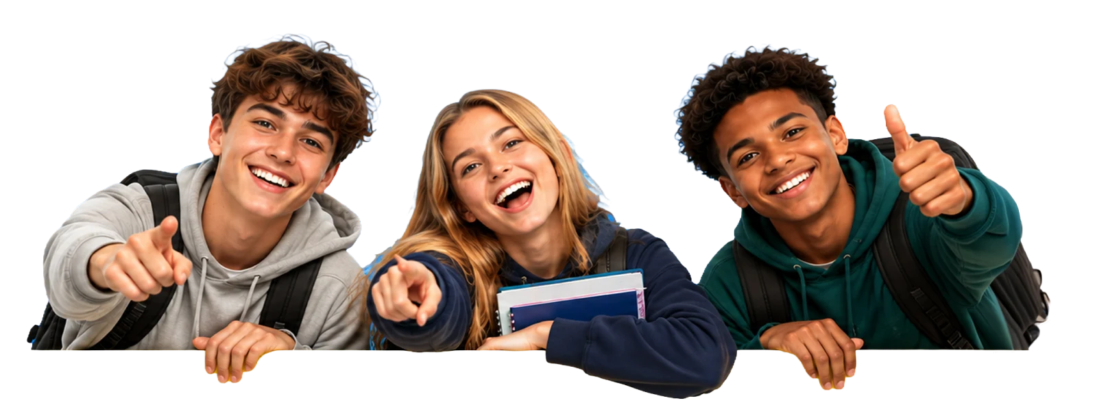 Three smiling students leaning forward, one holding books