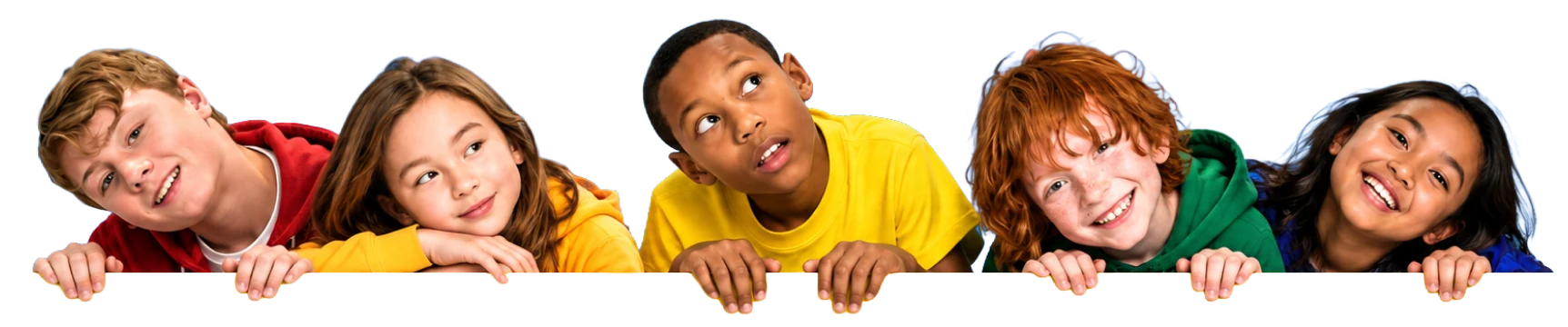 Smiling students leaning on a desk